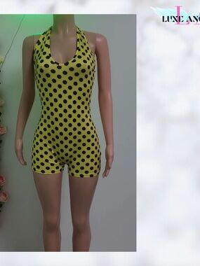 Yellow & Black Polka Dot Halter Romper